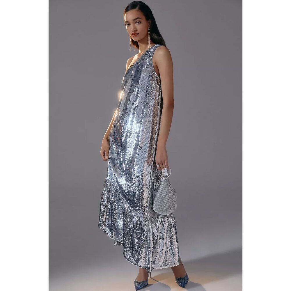 Silver Sequin One Shoulder Maxi Dress - Picture 2 of 8